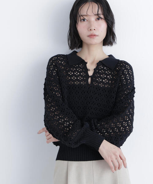 N.（N. Natural Beauty Basic）（エヌエヌナチュラルビューティーベーシック）の「透かし編みポロニット（ポロシャツ・レディース・ブラック/ブルー/オフホワイト・ﾌﾘ-）」の13枚目の写真