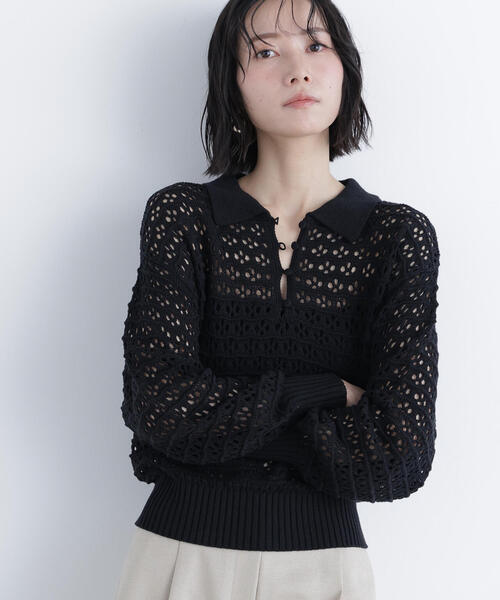 N.（N. Natural Beauty Basic）（エヌエヌナチュラルビューティーベーシック）の「透かし編みポロニット（ポロシャツ・レディース・ブラック/ブルー/オフホワイト・ﾌﾘ-）」の15枚目の写真