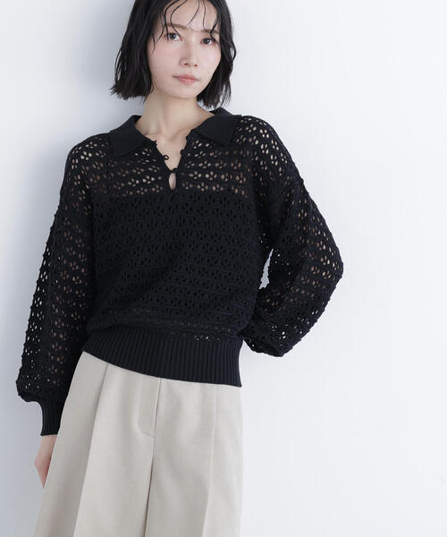 N.（N. Natural Beauty Basic）（エヌエヌナチュラルビューティーベーシック）の「透かし編みポロニット（ポロシャツ・レディース・ブラック/ブルー/オフホワイト・ﾌﾘ-）」の17枚目の写真