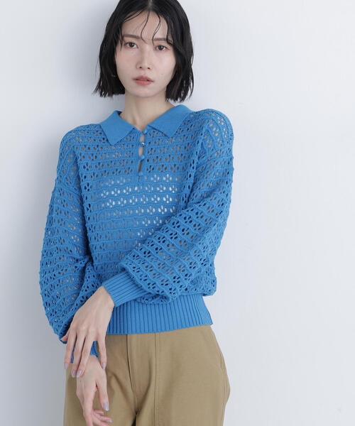 N.（N. Natural Beauty Basic）（エヌエヌナチュラルビューティーベーシック）の「透かし編みポロニット（ポロシャツ・レディース・ブラック/ブルー/オフホワイト・ﾌﾘ-）」の19枚目の写真