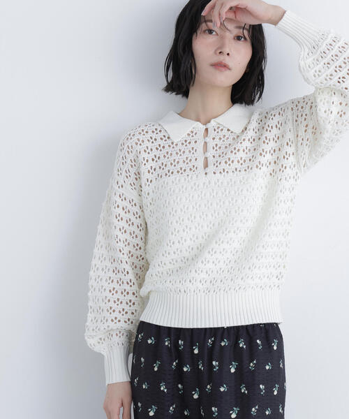 N.（N. Natural Beauty Basic）（エヌエヌナチュラルビューティーベーシック）の「透かし編みポロニット（ポロシャツ・レディース・ブラック/ブルー/オフホワイト・ﾌﾘ-）」の2枚目の写真