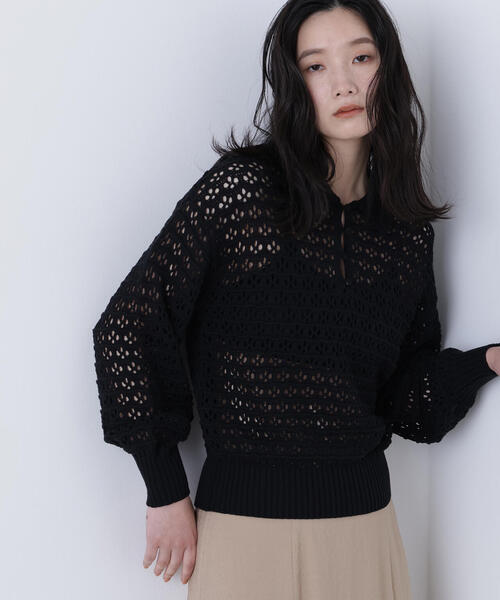 N.（N. Natural Beauty Basic）（エヌエヌナチュラルビューティーベーシック）の「透かし編みポロニット（ポロシャツ・レディース・ブラック/ブルー/オフホワイト・ﾌﾘ-）」の4枚目の写真