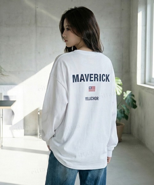 Dalfwin(ダールフィン)の「韓国ファッション MAVERICKプリント長袖Tシャツ(Tシャツ/カットソー・レディース・ブラック/ホワイト・FREE)」の1枚目の写真