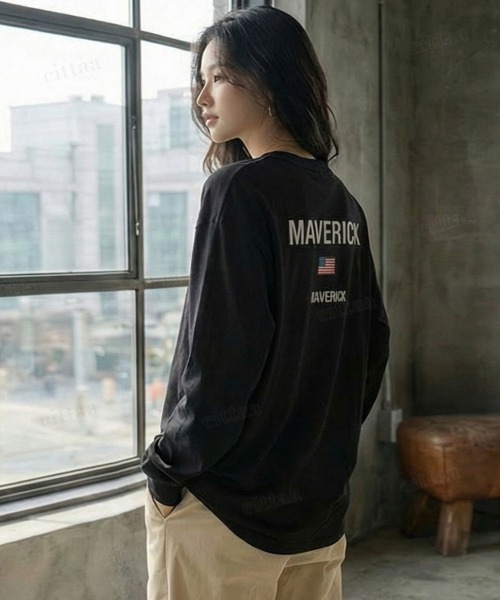 Dalfwin(ダールフィン)の「韓国ファッション MAVERICKプリント長袖Tシャツ(Tシャツ/カットソー・レディース・ブラック/ホワイト・FREE)」の2枚目の写真