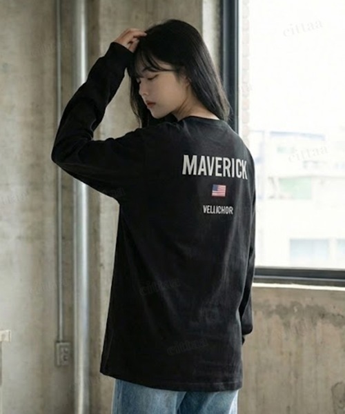 Dalfwin(ダールフィン)の「韓国ファッション MAVERICKプリント長袖Tシャツ(Tシャツ/カットソー・レディース・ブラック/ホワイト・FREE)」の18枚目の写真