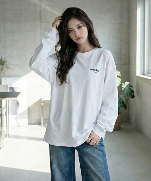 Dalfwin(ダールフィン)の「韓国ファッション MAVERICKプリント長袖Tシャツ(Tシャツ/カットソー・レディース・ブラック/ホワイト・FREE)」の5枚目の写真