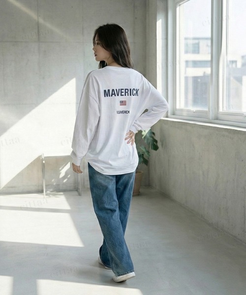 Dalfwin(ダールフィン)の「韓国ファッション MAVERICKプリント長袖Tシャツ(Tシャツ/カットソー・レディース・ブラック/ホワイト・FREE)」の10枚目の写真