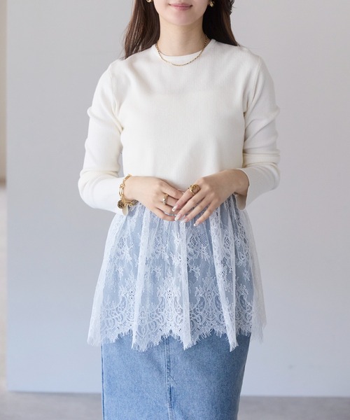 PREFERIR（プレフェリール）の「ウエスト切替 裾レースニットプルオーバー／レイヤード風・長袖（ニット/セーター・レディース・オフホワイト・FREE）」の3枚目の写真