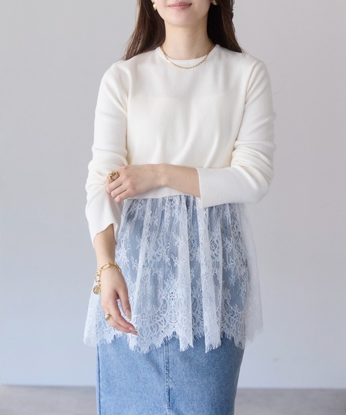 PREFERIR（プレフェリール）の「ウエスト切替 裾レースニットプルオーバー／レイヤード風・長袖（ニット/セーター・レディース・オフホワイト・FREE）」の2枚目の写真