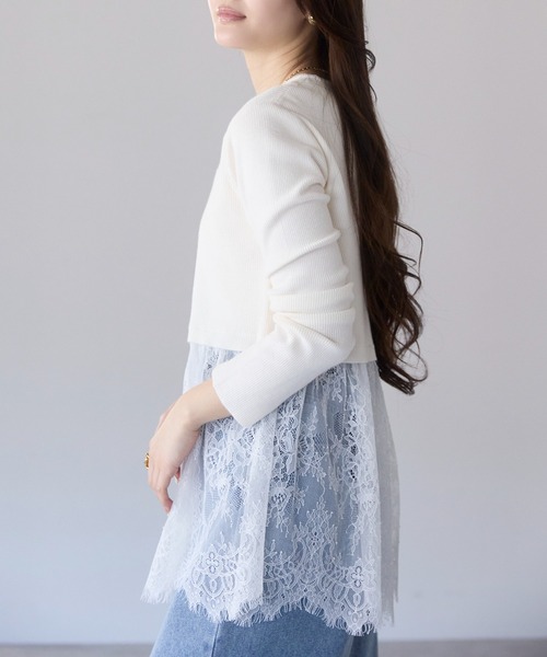 PREFERIR（プレフェリール）の「ウエスト切替 裾レースニットプルオーバー／レイヤード風・長袖（ニット/セーター・レディース・オフホワイト・FREE）」の4枚目の写真