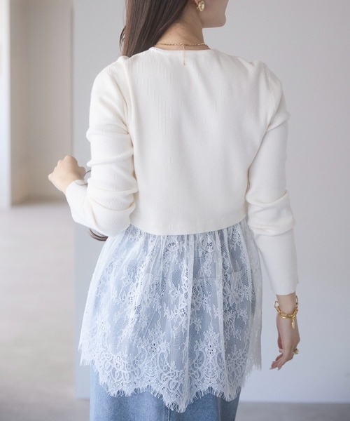 PREFERIR（プレフェリール）の「ウエスト切替 裾レースニットプルオーバー／レイヤード風・長袖（ニット/セーター・レディース・オフホワイト・FREE）」の5枚目の写真