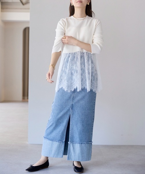 PREFERIR（プレフェリール）の「ウエスト切替 裾レースニットプルオーバー／レイヤード風・長袖（ニット/セーター・レディース・オフホワイト・FREE）」の6枚目の写真