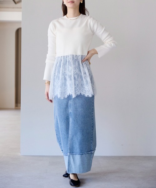 PREFERIR（プレフェリール）の「ウエスト切替 裾レースニットプルオーバー／レイヤード風・長袖（ニット/セーター・レディース・オフホワイト・FREE）」の7枚目の写真