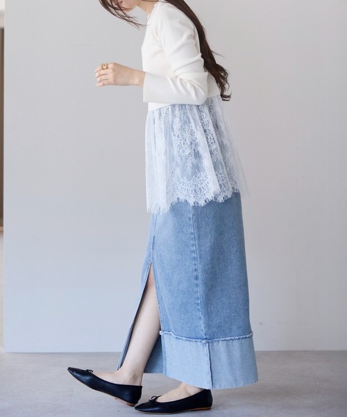 PREFERIR（プレフェリール）の「ウエスト切替 裾レースニットプルオーバー／レイヤード風・長袖（ニット/セーター・レディース・オフホワイト・FREE）」の8枚目の写真