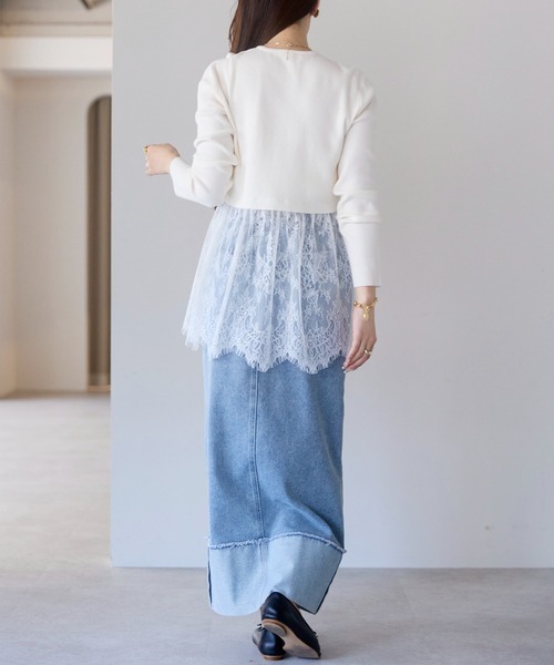 PREFERIR（プレフェリール）の「ウエスト切替 裾レースニットプルオーバー／レイヤード風・長袖（ニット/セーター・レディース・オフホワイト・FREE）」の9枚目の写真