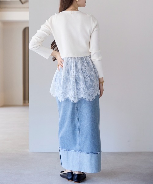 PREFERIR（プレフェリール）の「ウエスト切替 裾レースニットプルオーバー／レイヤード風・長袖（ニット/セーター・レディース・オフホワイト・FREE）」の10枚目の写真