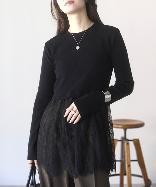 PREFERIR（プレフェリール）の「ウエスト切替 裾レースニットプルオーバー／レイヤード風・長袖（ニット/セーター・レディース・オフホワイト・FREE）」の12枚目の写真