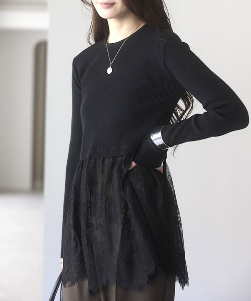 PREFERIR（プレフェリール）の「ウエスト切替 裾レースニットプルオーバー／レイヤード風・長袖（ニット/セーター・レディース・オフホワイト・FREE）」の13枚目の写真