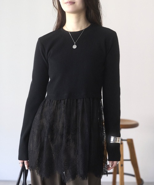 PREFERIR（プレフェリール）の「ウエスト切替 裾レースニットプルオーバー／レイヤード風・長袖（ニット/セーター・レディース・オフホワイト・FREE）」の11枚目の写真