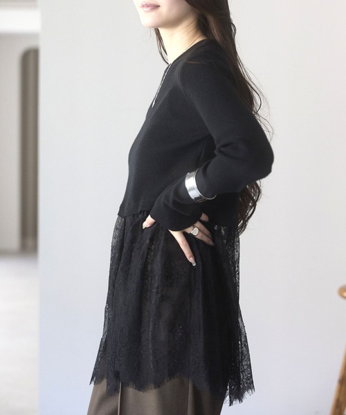 PREFERIR（プレフェリール）の「ウエスト切替 裾レースニットプルオーバー／レイヤード風・長袖（ニット/セーター・レディース・オフホワイト・FREE）」の14枚目の写真