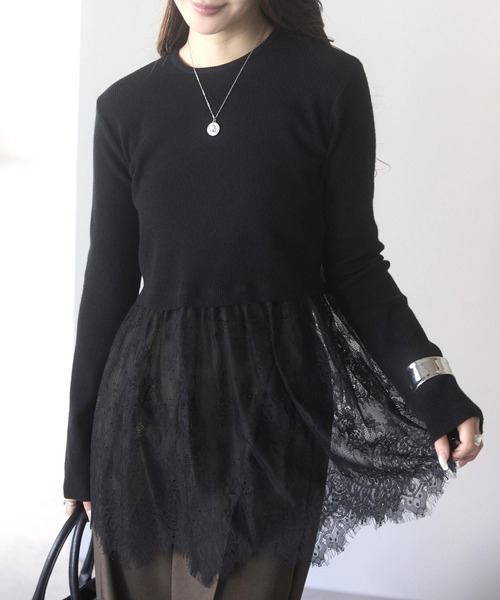 PREFERIR（プレフェリール）の「ウエスト切替 裾レースニットプルオーバー／レイヤード風・長袖（ニット/セーター・レディース・オフホワイト・FREE）」の15枚目の写真