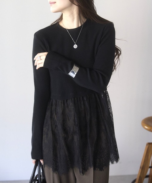 PREFERIR（プレフェリール）の「ウエスト切替 裾レースニットプルオーバー／レイヤード風・長袖（ニット/セーター・レディース・オフホワイト・FREE）」の17枚目の写真