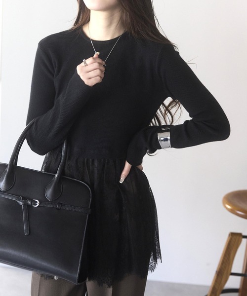 PREFERIR（プレフェリール）の「ウエスト切替 裾レースニットプルオーバー／レイヤード風・長袖（ニット/セーター・レディース・オフホワイト・FREE）」の18枚目の写真