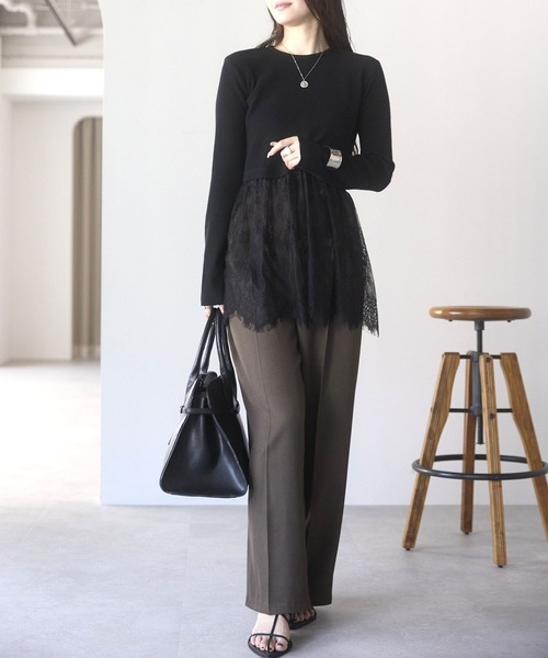 PREFERIR（プレフェリール）の「ウエスト切替 裾レースニットプルオーバー／レイヤード風・長袖（ニット/セーター・レディース・オフホワイト・FREE）」の19枚目の写真