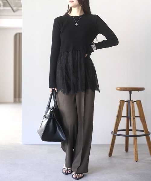 PREFERIR（プレフェリール）の「ウエスト切替 裾レースニットプルオーバー／レイヤード風・長袖（ニット/セーター・レディース・オフホワイト・FREE）」の20枚目の写真