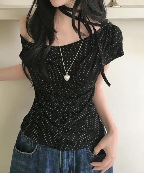 shyam inspiration(シャムインスピレーション)の「ドット柄オフショルダータイトTシャツ/半袖/チョーカー(Tシャツ/カットソー・レディース・ブラック/ライトピンク/ホワイト・M/S)」の14枚目の写真