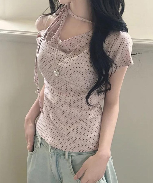 shyam inspiration(シャムインスピレーション)の「ドット柄オフショルダータイトTシャツ/半袖/チョーカー(Tシャツ/カットソー・レディース・ブラック/ライトピンク/ホワイト・M/S)」の11枚目の写真