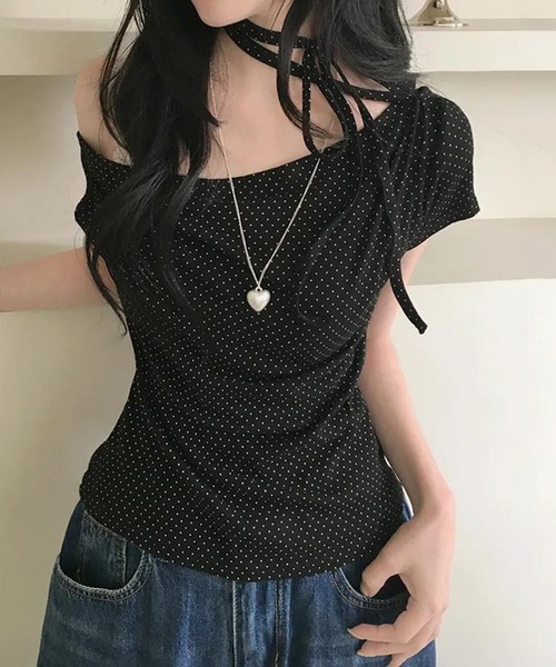 shyam inspiration(シャムインスピレーション)の「ドット柄オフショルダータイトTシャツ/半袖/チョーカー(Tシャツ/カットソー・レディース・ブラック/ライトピンク/ホワイト・M/S)」の15枚目の写真