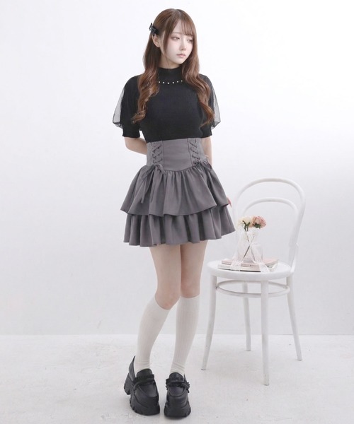 Lilymel(リリメル)の「レースアップティアードミニスカート(スカート・レディース・グレー/チェック/ブラック/ブラウン・LL~3L/L~LL/M-L)」の5枚目の写真