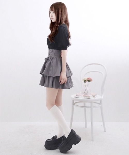 Lilymel(リリメル)の「レースアップティアードミニスカート(スカート・レディース・グレー/チェック/ブラック/ブラウン・LL~3L/L~LL/M-L)」の6枚目の写真