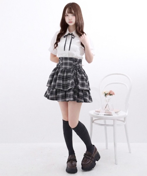 Lilymel(リリメル)の「レースアップティアードミニスカート(スカート・レディース・グレー/チェック/ブラック/ブラウン・LL~3L/L~LL/M-L)」の12枚目の写真