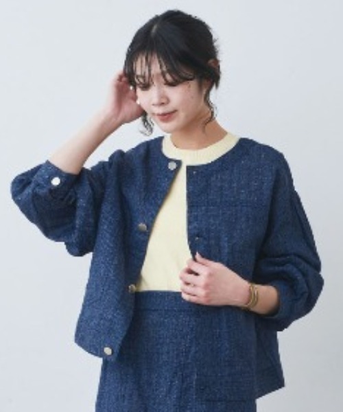 mensha!(メンシャ)の「mensha!まるでデニム!? 軽くてやわらかいデニガーゼシャツジャケット(ノーカラージャケット・レディース・インディゴブルー/ライトブラック/ライトブルー・L/M/3L/LL)」の3枚目の写真
