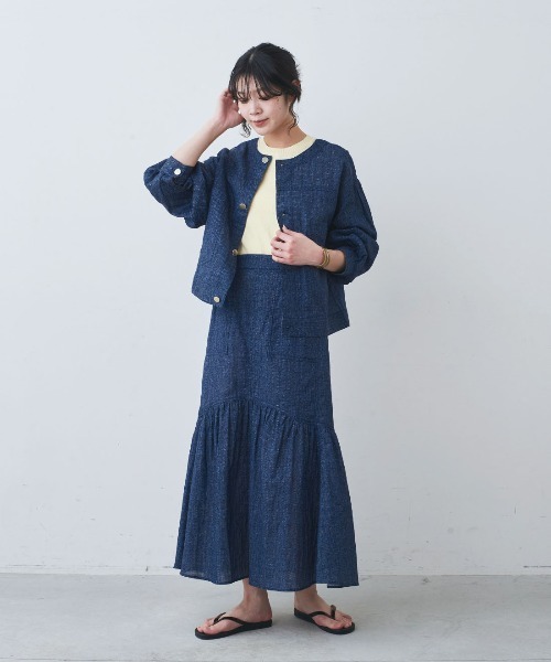 mensha!(メンシャ)の「mensha!まるでデニム!? 軽くてやわらかいデニガーゼシャツジャケット(ノーカラージャケット・レディース・インディゴブルー/ライトブラック/ライトブルー・L/M/3L/LL)」の6枚目の写真