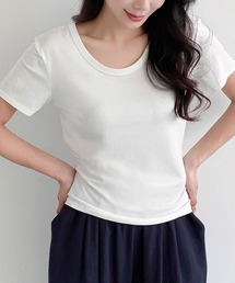 【M/Lサイズ展開】伸縮性抜群!サイドギャザークルーネックカットソー