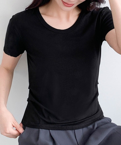 LOWO(ロワ)の「【M/Lサイズ展開】伸縮性抜群!サイドギャザークルーネックカットソー(Tシャツ/カットソー・レディース・ブラック/グレー/ホワイト/ブラウン/カーキ・L/M)」の15枚目の写真