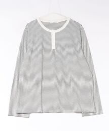 【NOWLE】5ボタン ヘンリーネック ボーダー ヘンリーネック 長袖 Tシャツ / ルーズシルエット