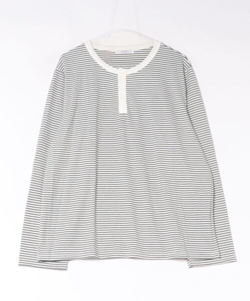 NOWLE(ノウル)の「【NOWLE】5ボタン ヘンリーネック ボーダー ヘンリーネック 長袖 Tシャツ / ルーズシルエット(Tシャツ/カットソー・メンズ・ホワイト・LARGE)」の1枚目の写真