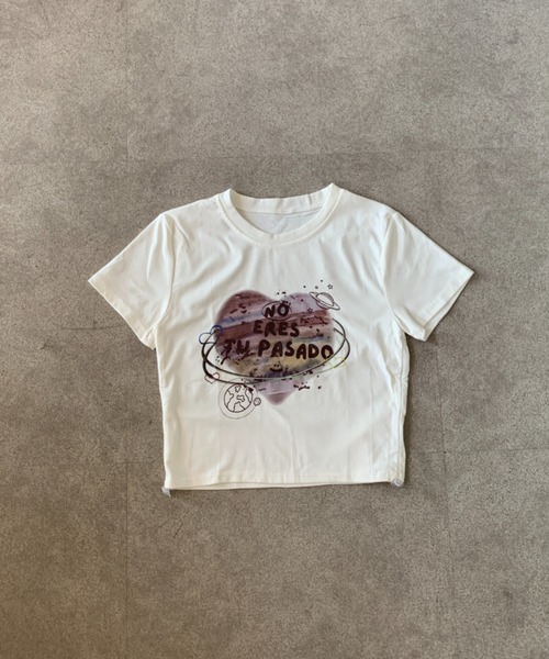 Teem Store(チームストア)の「フロントプリントサイドギャザーTシャツ ショート丈 ピチT(Tシャツ/カットソー・レディース・アイボリー/ホワイト・M/S)」の3枚目の写真