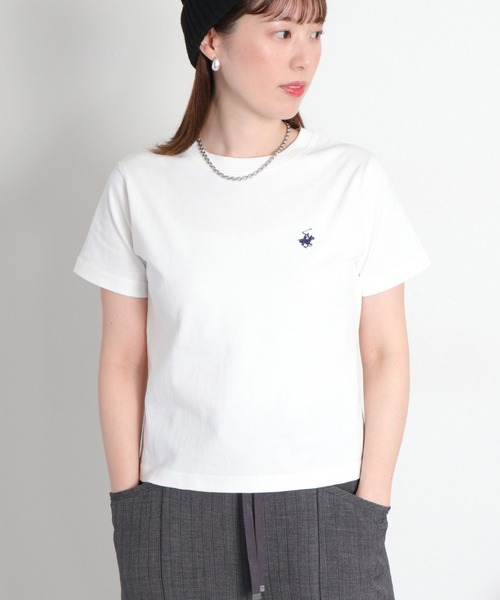 BEVERLY HILLS POLO CLUB(ビバリーヒルズポロクラブ)の「【BEVERLY HILLS POLO CLUB】ロゴ刺繍コンパクト半袖Tee(Tシャツ/カットソー・レディース・ホワイト/オレンジ/スミクロ・M)」の2枚目の写真