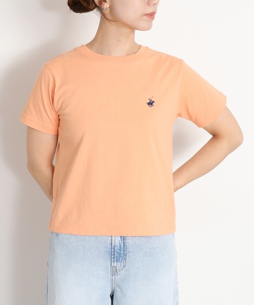 BEVERLY HILLS POLO CLUB(ビバリーヒルズポロクラブ)の「【BEVERLY HILLS POLO CLUB】ロゴ刺繍コンパクト半袖Tee(Tシャツ/カットソー・レディース・ホワイト/オレンジ/スミクロ・M)」の1枚目の写真