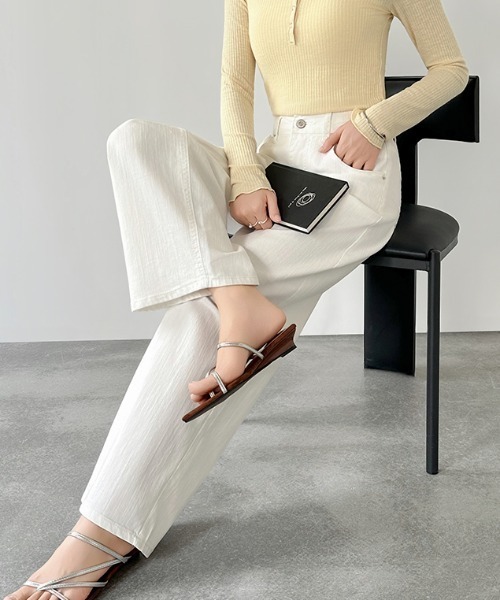 COCOMOMO（ココモモ）の「スラブワイドデニムパンツ デニムパンツ ワイド バックゴム ストレート ハイウエスト ワイドデニムパンツ 夏デニム スラブ生地（デニムパンツ・レディース・ホワイト/ブラック・L/S/M）」の14枚目の写真