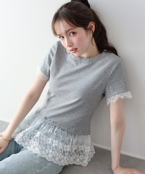 BLUEEAST(ブルーイースト)の「レースドッキングTシャツ(Tシャツ/カットソー・レディース・ブラック/グレー/ホワイト・MEDIUM)」の3枚目の写真