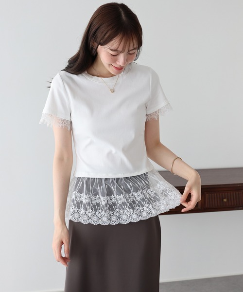 BLUEEAST(ブルーイースト)の「レースドッキングTシャツ(Tシャツ/カットソー・レディース・ブラック/グレー/ホワイト・MEDIUM)」の1枚目の写真