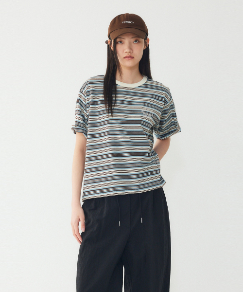 STUDIO TOMBOY(スタジオトムボーイ)の「マルチストライプクロップTシャツ_ブルー 9176322976(Tシャツ/カットソー・レディース・ブルー・OS)」の1枚目の写真