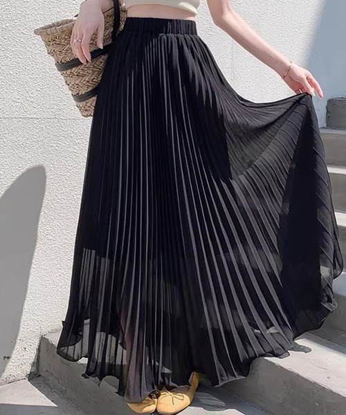 DAY CLOSET(デイ クローゼット)の「【ロング丈/裏地付き】涼し気シャリ感。ふんわりシアープリーツスカート レディース(スカート・レディース・ブラック/アイボリー・M/L)」の2枚目の写真