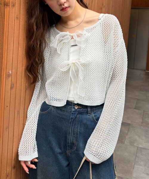 w closet（ダブルクローゼット）の「ラメメッシュリボンボレロ カーディガン（ニット/セーター・レディース・グレー/ピンク/ブラック/オフホワイト・FREE）」の2枚目の写真